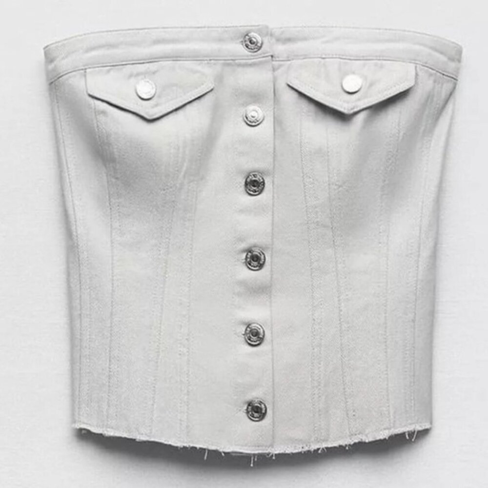 NWT ZARA Metallic Silver Denim Cotton Button Front Crop Corset Top XL 6929/202‎